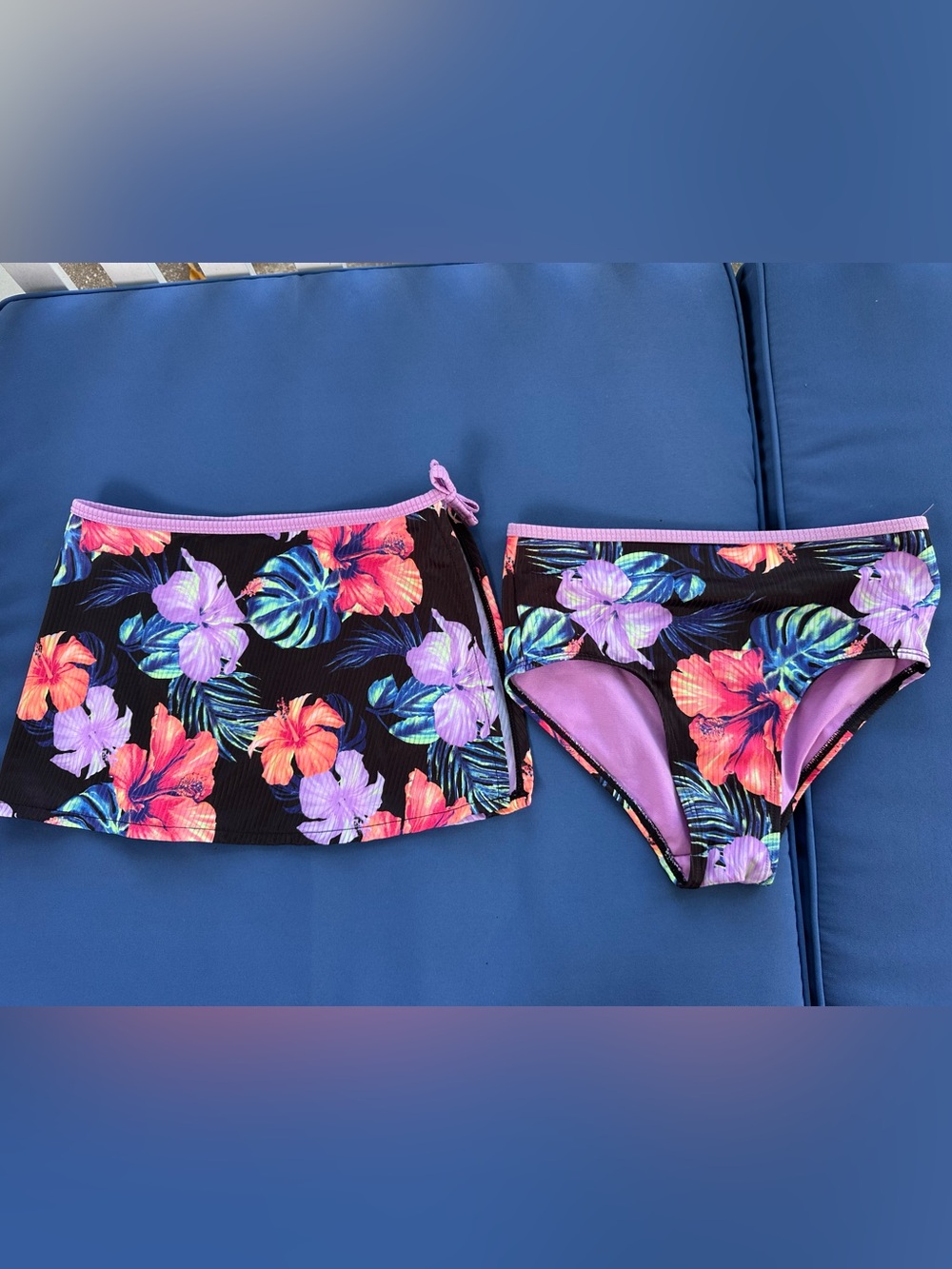 Justice Tropical Floral Two-Piece Swim Set - Purple & Coral Hibiscus Size 10